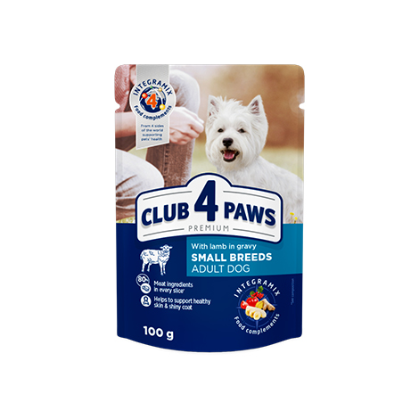 CLUB 4 PAWS PREMIUM " Z JAGNIĘCINY W SOSIE ". PEŁNOPORCJOWA KARMA W SASZETKACH DLA DOROSŁYCH PSÓW MAŁYCH RAS