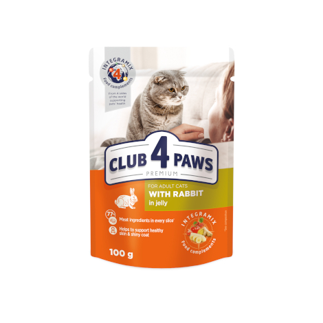 CLUB 4 PAWS PREMIUM "Z KROLIKIEM W GALARETCE". PEŁNOPORCJOWA KARMA W SASZETKACH DLA DOROSŁYCH KOTÓW