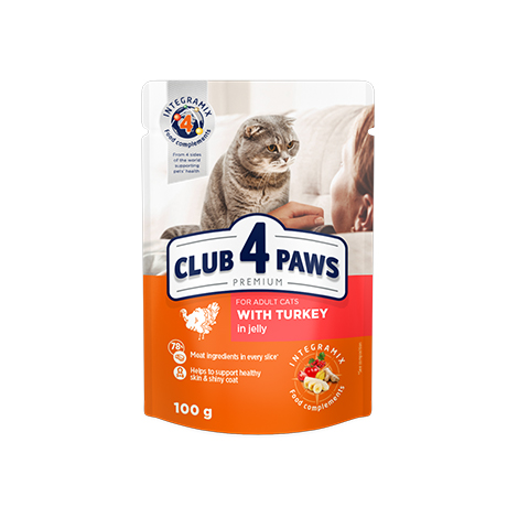 CLUB 4 PAWS PREMIUM "Z INDYKIEM W GALARETCE". PEŁNOPORCJOWA KARMA W SASZETKACH DLA DOROSŁYCH KOTÓW