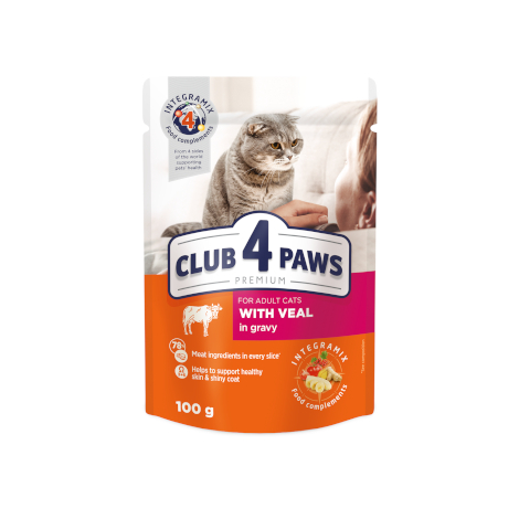 CLUB 4 PAWS PREMIUM "Z CIELĘCINY W SOSIE". PEŁNOPORCJOWA KARMA W SASZETKACH DLA DOROSŁYCH KOTÓW