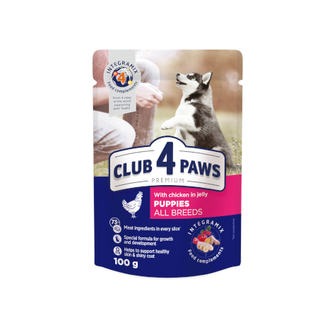 CLUB 4 PAWS PREMIUM DLA SZCZENIĄT "Z KURCZAKIEM W GALARETCE". PEŁNOPORCJOWA KARMA W SASZETKACH