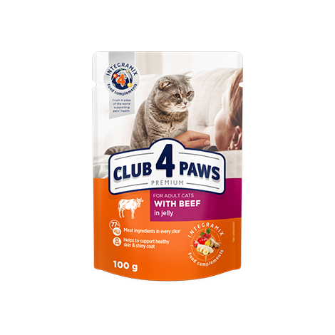 CLUB 4 PAWS PREMIUM "Z WOLOWINA W GALARECIE". PELNOPORCJOWA KARMA W SASZETKACH DLA DOROSLYCH KOTOW