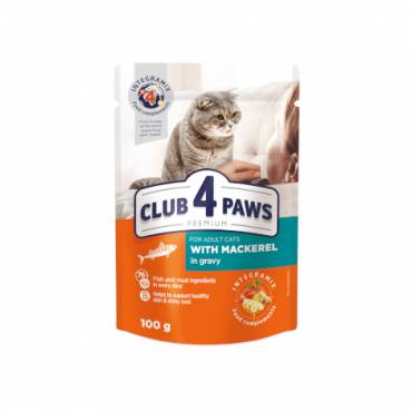 CLUB 4 PAWS PREMIUM "Z MAKRELĄ W SOSIE". PEŁNOPORCJOWA KARMA W SASZETKACH DLA DOROSŁUCH KOTÓW