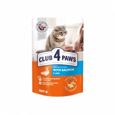 CLUB 4 PAWS PREMIUM "Z LOSOSIEM W GALARETCE". PEŁNOPORCJOWA KARMA W SASZETKACH DLA DOROSŁYCH KOTÓW