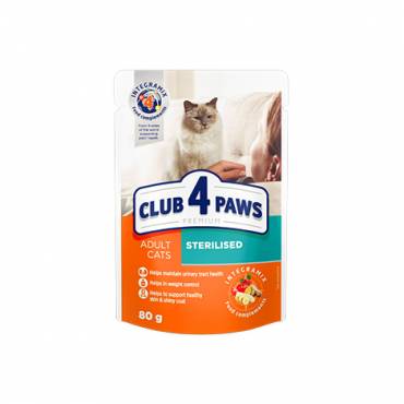 CLUB 4 PAWS PREMIUM "STERYLIZOWANE". PEŁNOPORCJOWA KARMĄ W SASZETKACH DLA DOROSŁYCH KOTÓW PO ZABIEGU STERYLIZACJI