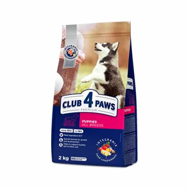 CLUB 4 PAWS PREMIUM DLA SZCZENIĄT WSZYSTKICH RAS "O WYSOKIEJ ZAWARTOŚCI KURCZAKA". PEŁNOPORCJOWA SUCHA KARMA