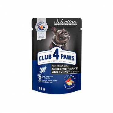 CLUB 4 PAWS PREMIUM "KAWAŁKI Z KACZKĄ I INDYKIEM W SOSIE". PEŁNOPORCJOWA KARMA W SASZETKACH DLA DOROSŁYCH PSÓW MAŁYCH RAS