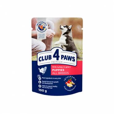 CLUB 4 PAWS PREMIUM DLA SZCZENIĄT "Z INDYKIEM W SOSIE". PEŁNOPORCJOWA KARMA W SASZETKACH