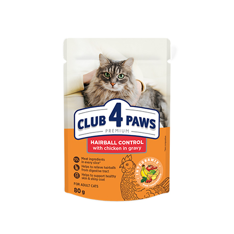 CLUB 4 PAWS PREMIUM "Z EFEKTEM POZBYWANIA SIĘ KŁĘBKÓW SIERŚCI". PEŁNOPORCJOWA KARMA W SASZETKACH DLA DOROSŁYCH KOTÓW