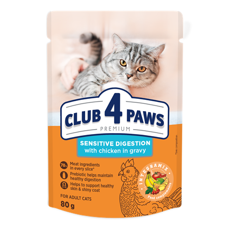 CLUB 4 PAWS PREMIUM "WRAŻLIWY PRZEWÓD POKARMOWY". PEŁNOPORCJOWA KARMA W SASZETKACH DLA DOROSŁYCH KOTÓW