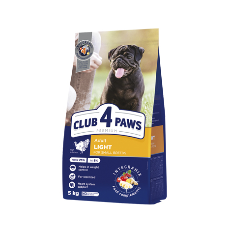 CLUB 4 PAWS PREMIUM LIGHT. PEŁNOPORCJOWA SUCHA KARMA KONTROLA WAGI DLA DOROSŁYCH PSÓW MAŁYCH RAS PODATNYCH NA NADWAGĘ I/LUB STERYLIZOWANYCH – Z WYSOKĄ ZAWARTOŚCIĄ INDYKA