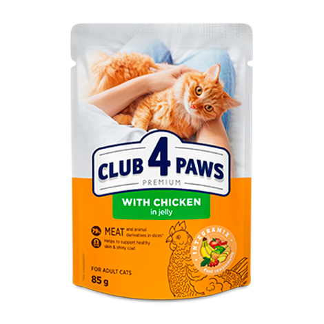 CLUB 4 PAWS PREMIUM "Z KURCZAKIEM W GALARETCE".PEŁNOPORCJOWA KARMA W SASZETKACH DLA DOROSŁYCH KOTÓW