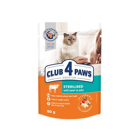 CLUB 4 PAWS PREMIUM "Z WOLOWINA W GALARECIE". PELNOPORCJOWA KARMA W SASZETKACH DLA DOROSLYCH KOTOW