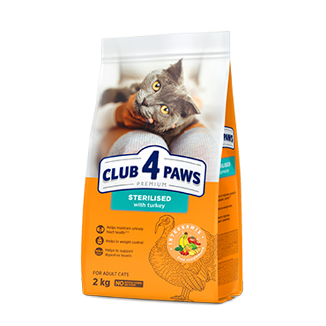 CLUB 4 PAWS PREMIUM " Z INDYKIEM". PEŁNOPORCJOWA SUCHA KARMADLA KOTÓW PO ZABIEGU STERYLIZACJI
