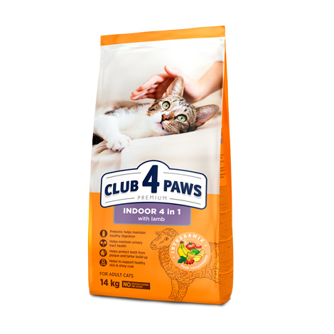 CLUB 4 PAWS PREMIUM DLA KOTÓW PRZEBYWAJĄCYCH WYŁĄCZNIE W DOMU «4 W 1». KARMA PEŁNOPORCJOWA SUCHA DLA DOROSŁYCH KOTÓW Z JAGNIĘCINĄ