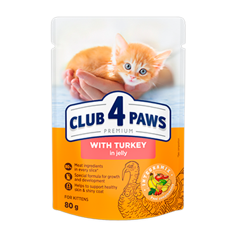CLUB 4 PAWS PREMIUM DLA KOCIAKÓW "Z INDYKIEM W GALARETCE". PEŁNOPORCJOWA KARMA W SASZETKACH