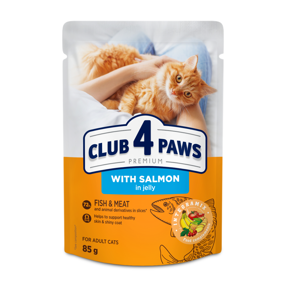 CLUB 4 PAWS PREMIUM "Z LOSOSIEM W GALARETCE". PEŁNOPORCJOWA KARMA W SASZETKACH DLA DOROSŁYCH KOTÓW