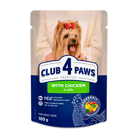 CLUB 4 PAWS PREMIUM "Z KURCZAKIEM W GALARETCE". PEŁNOPORCJOWA KARMA W SASZETKACH DLA DOROSŁYCH PSÓW