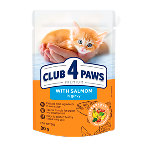 CLUB 4 PAWS PREMIUM DLA KOCIAKOW "Z LOSOSIEM W SOSIE". PEŁNOPORCJOWA KARMA W SASZETKACH