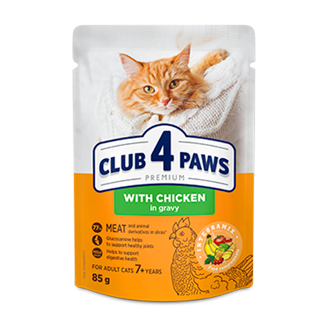 CLUB 4 PAWS PREMIUM "Z KURCZAKIEM W SOSIE". PEŁNOPORCJOWAKARMA W SASZETKACH DLA KOTÓW OD 7. ROKU ŻYCIA