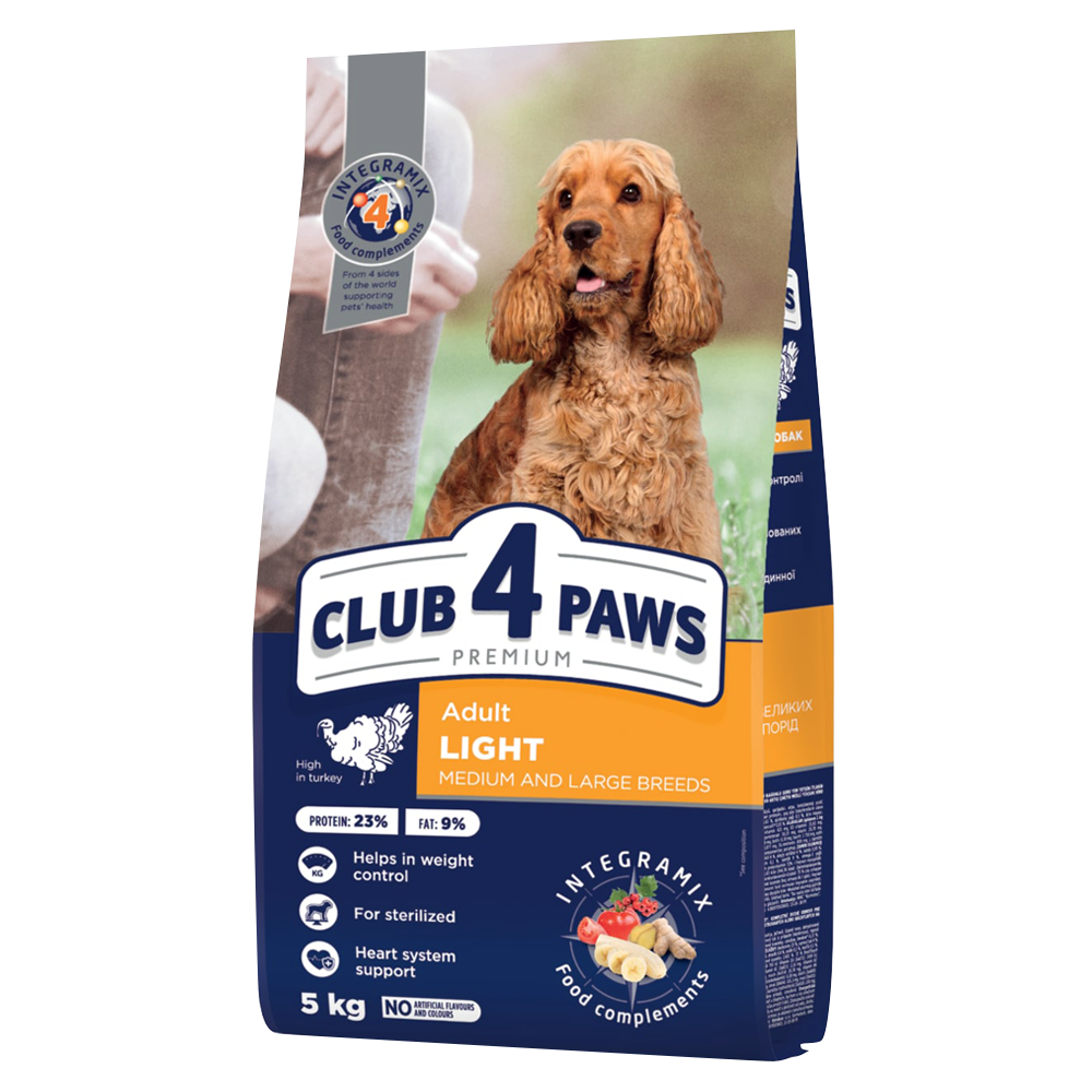 CLUB 4 PAWS PREMIUM LIGHT. PEŁNOPORCJOWA SUCHA KARMA KONTROLA WAGI DLA DOROSŁYCH PSÓW ŚREDNICH I DUŻYCH RAS PODATNYCH NA NADWAGĘ I/LUB STERYLIZOWANYCH – Z WYSOKĄ ZAWARTOŚCIĄ INDYKA