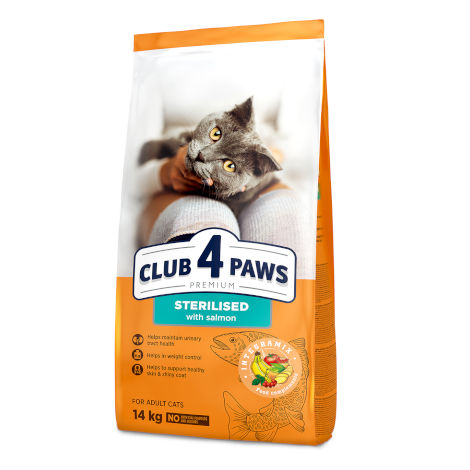 CLUB 4 PAWS PREMIUM «Z ŁOSOSIEM». KARMA PEŁNOPORCJOWA SUCHA DLA KOTÓW PO ZABIEGU STERYLIZACJI