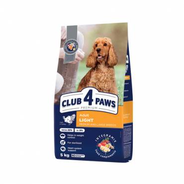 CLUB 4 PAWS PREMIUM LIGHT. PEŁNOPORCJOWA SUCHA KARMA KONTROLA WAGI DLA DOROSŁYCH PSÓW ŚREDNICH I DUŻYCH RAS PODATNYCH NA NADWAGĘ I/LUB STERYLIZOWANYCH – Z WYSOKĄ ZAWARTOŚCIĄ INDYKA