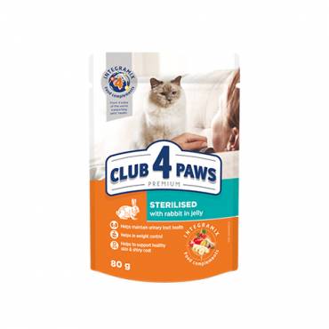 CLUB 4 PAWS PREMIUM "Z KROLIKIEM W GALARETCE". PEŁNOPORCJOWA KARMĄ W SASZETKACH DLA DOROSŁYCH KOTÓW PO ZABIEGU STERYLIZACJI