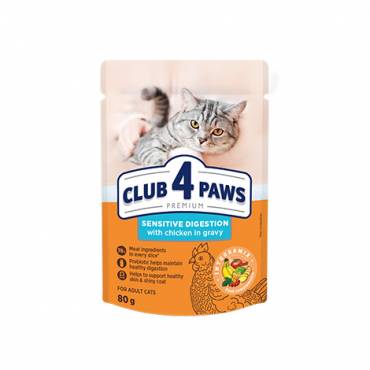 CLUB 4 PAWS PREMIUM "WRAŻLIWY PRZEWÓD POKARMOWY". PEŁNOPORCJOWA KARMA W SASZETKACH DLA DOROSŁYCH KOTÓW