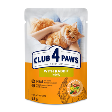CLUB 4 PAWS PREMIUM "Z KROLIKIEM W GALARETCE". PEŁNOPORCJOWA KARMA W SASZETKACH DLA DOROSŁYCH KOTÓW