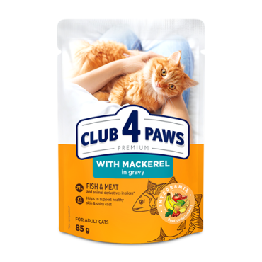 CLUB 4 PAWS PREMIUM "Z MAKRELĄ W SOSIE". PEŁNOPORCJOWA KARMA W SASZETKACH DLA DOROSŁUCH KOTÓW