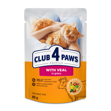 CLUB 4 PAWS PREMIUM "Z CIELĘCINY W SOSIE". PEŁNOPORCJOWA KARMA W SASZETKACH DLA DOROSŁYCH KOTÓW