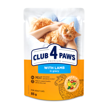 CLUB 4 PAWS PREMIUM "Z JAGNIĘCINY W SOSIE". PEŁNOPORCJOWA KARMA W SASZETKACH DLA DOROSŁYCH KOTÓW