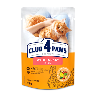 CLUB 4 PAWS PREMIUM "Z INDYKIEM W GALARETCE". PEŁNOPORCJOWA KARMA W SASZETKACH DLA DOROSŁYCH KOTÓW