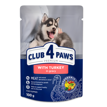 CLUB 4 PAWS PREMIUM DLA SZCZENIĄT "Z INDYKIEM W SOSIE". PEŁNOPORCJOWA KARMA W SASZETKACH