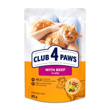 CLUB 4 PAWS PREMIUM "Z WOLOWINA W GALARECIE". PELNOPORCJOWA KARMA W SASZETKACH DLA DOROSLYCH KOTOW