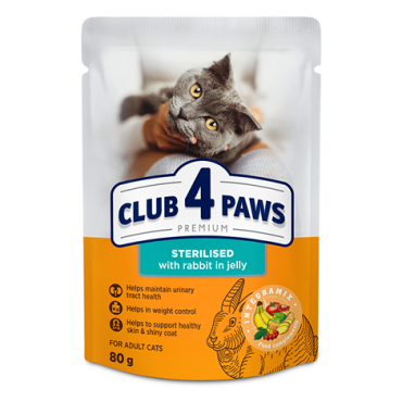 CLUB 4 PAWS PREMIUM "Z KROLIKIEM W GALARETCE". PEŁNOPORCJOWA KARMĄ W SASZETKACH DLA DOROSŁYCH KOTÓW PO ZABIEGU STERYLIZACJI