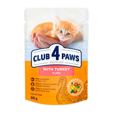 CLUB 4 PAWS PREMIUM DLA KOCIAKÓW "Z INDYKIEM W GALARETCE". PEŁNOPORCJOWA KARMA W SASZETKACH