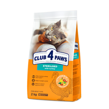 CLUB 4 PAWS PREMIUM " Z INDYKIEM". PEŁNOPORCJOWA SUCHA KARMADLA KOTÓW PO ZABIEGU STERYLIZACJI
