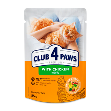 CLUB 4 PAWS PREMIUM "Z KURCZAKIEM W GALARETCE".PEŁNOPORCJOWA KARMA W SASZETKACH DLA DOROSŁYCH KOTÓW