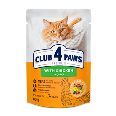 CLUB 4 PAWS PREMIUM "Z KURCZAKIEM W SOSIE". PEŁNOPORCJOWAKARMA W SASZETKACH DLA KOTÓW OD 7. ROKU ŻYCIA