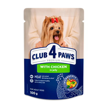CLUB 4 PAWS PREMIUM "Z KURCZAKIEM W GALARETCE". PEŁNOPORCJOWA KARMA W SASZETKACH DLA DOROSŁYCH PSÓW
