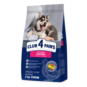 CLUB 4 PAWS PREMIUM DLA SZCZENIĄT WSZYSTKICH RAS "O WYSOKIEJ ZAWARTOŚCI KURCZAKA". PEŁNOPORCJOWA SUCHA KARMA