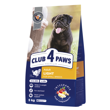 CLUB 4 PAWS PREMIUM LIGHT. PEŁNOPORCJOWA SUCHA KARMA KONTROLA WAGI DLA DOROSŁYCH PSÓW MAŁYCH RAS PODATNYCH NA NADWAGĘ I/LUB STERYLIZOWANYCH – Z WYSOKĄ ZAWARTOŚCIĄ INDYKA