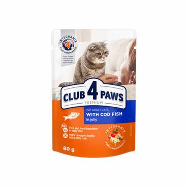 CLUB 4 PAWS Premium "Z dorszem w galarecie". Pełnoporcjowa karma w saszetkach dla dorosłych kotów